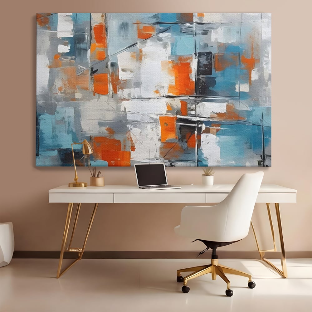 Tablou canvas cu pictura abstracta cu blocuri portocalii si albastre, fara rama, pe sasiu de lemn, pe perete intr-un birou